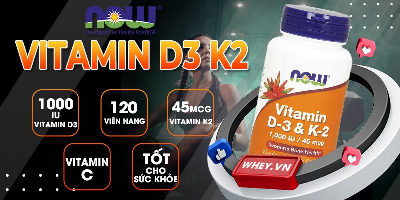 Now Vitamin D3 K2 1.000IU/45mcg- Tăng khả năng hấp thụ và vận chuyển Canxi vào xương - Phòng chống loãng xương. Giảm nguy cơ đột quỵ, nhồi máu cơ tim