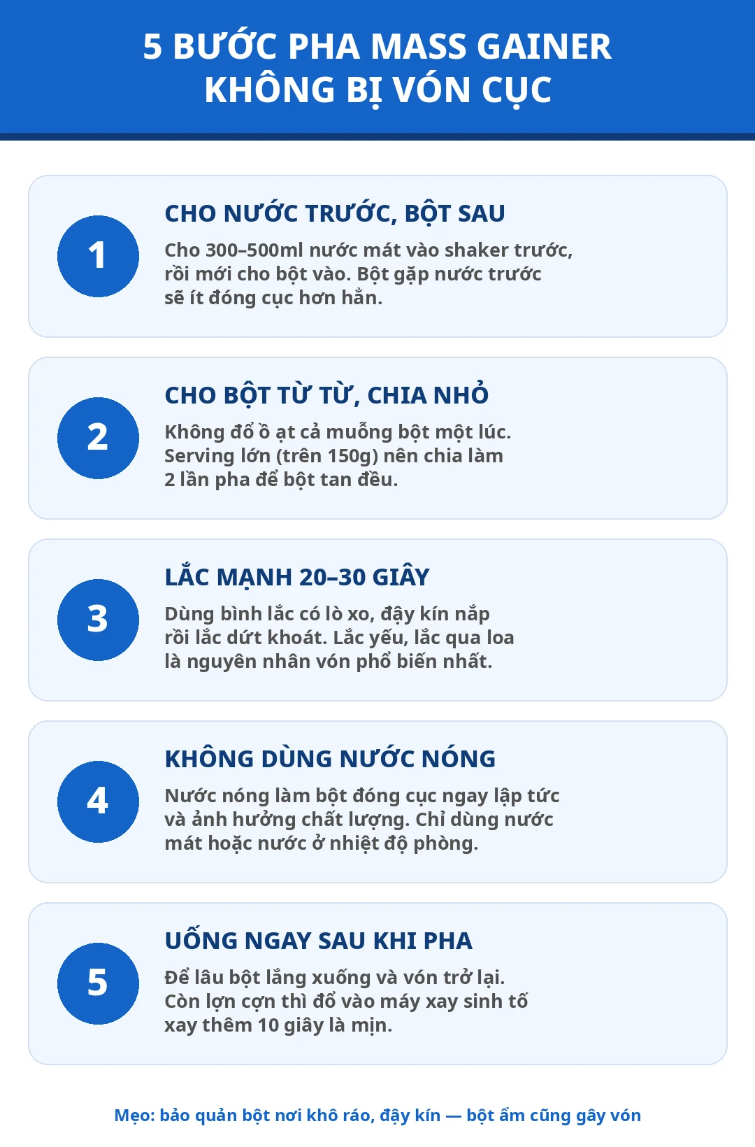 Infographic 5 bước pha mass gainer không bị vón cục
