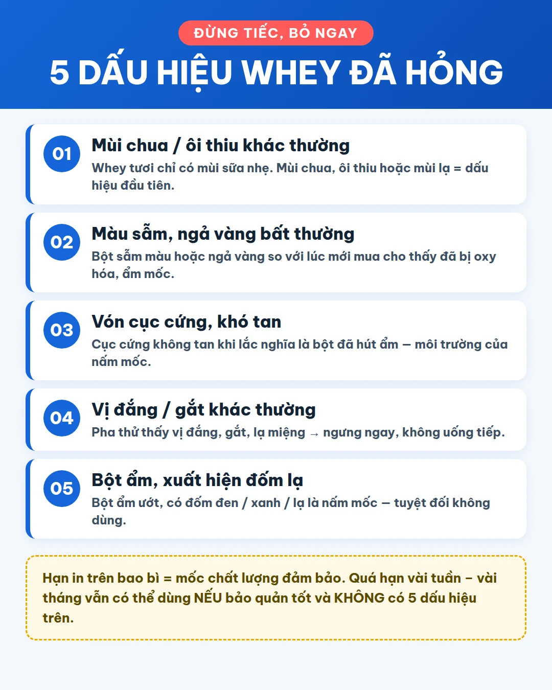 5 dấu hiệu nhận biết whey protein đã hỏng