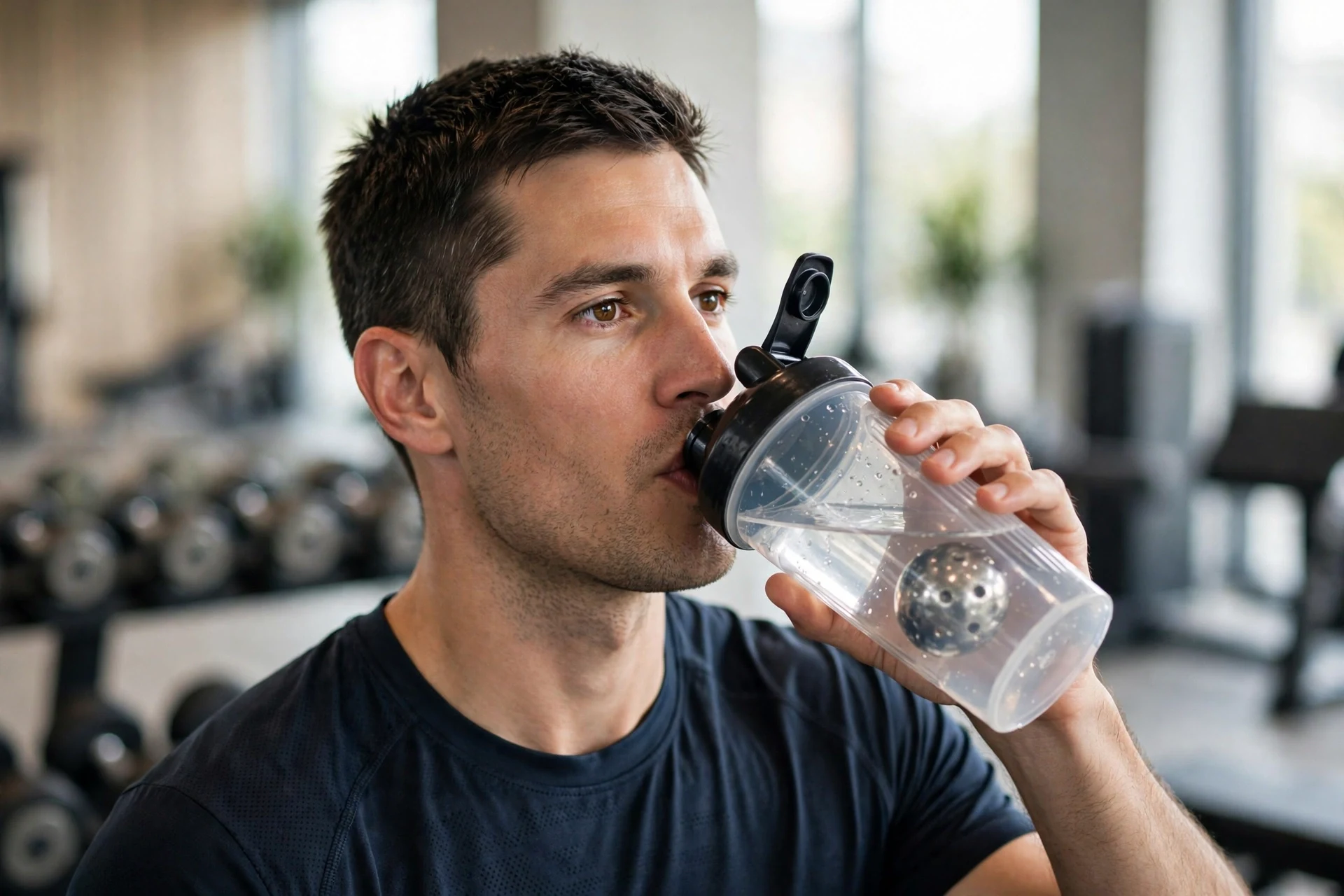 Người tập gym uống BCAA bằng bình shaker trong phòng tập