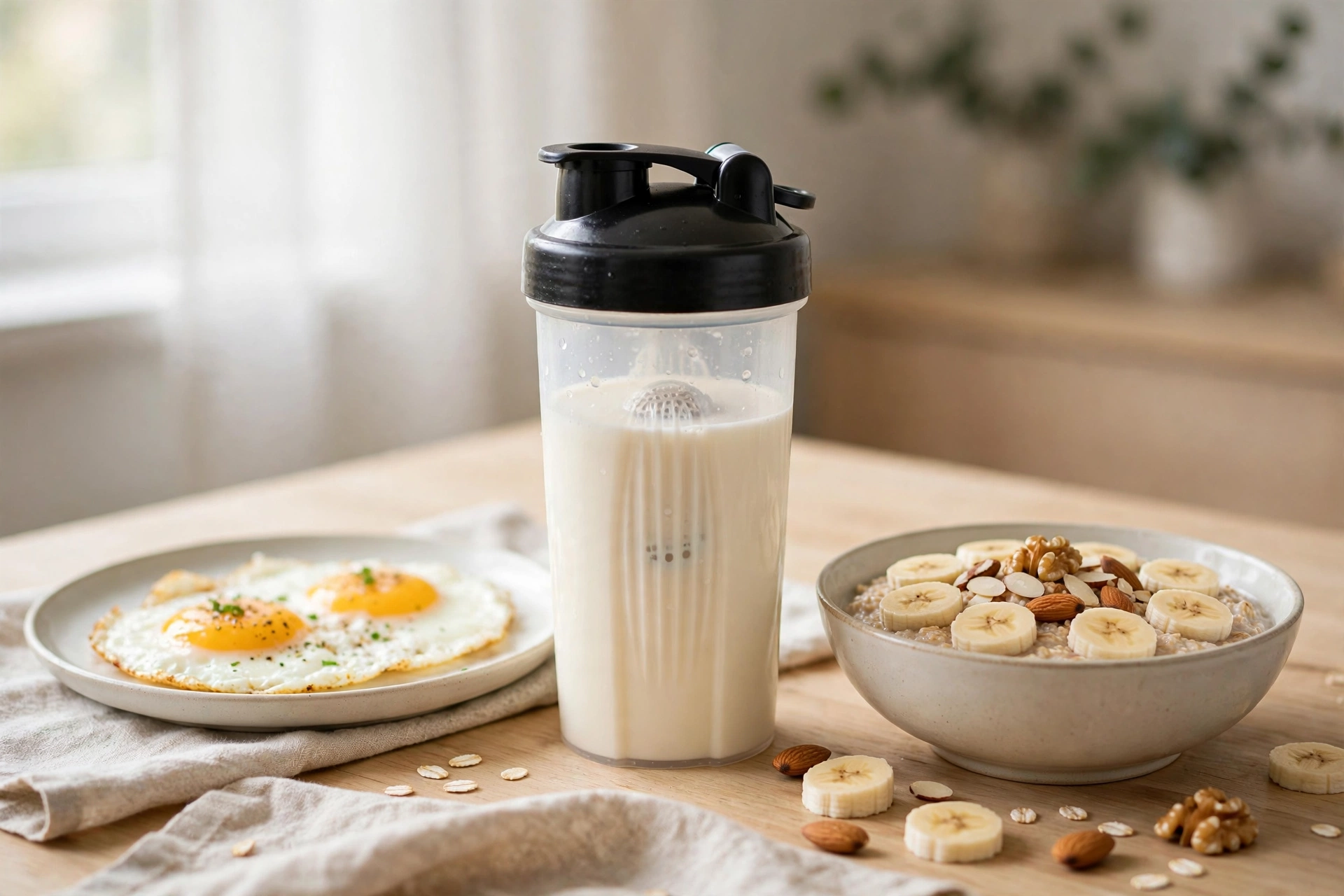 Bình shaker whey bên cạnh bữa sáng với trứng ốp la và yến mạch chuối