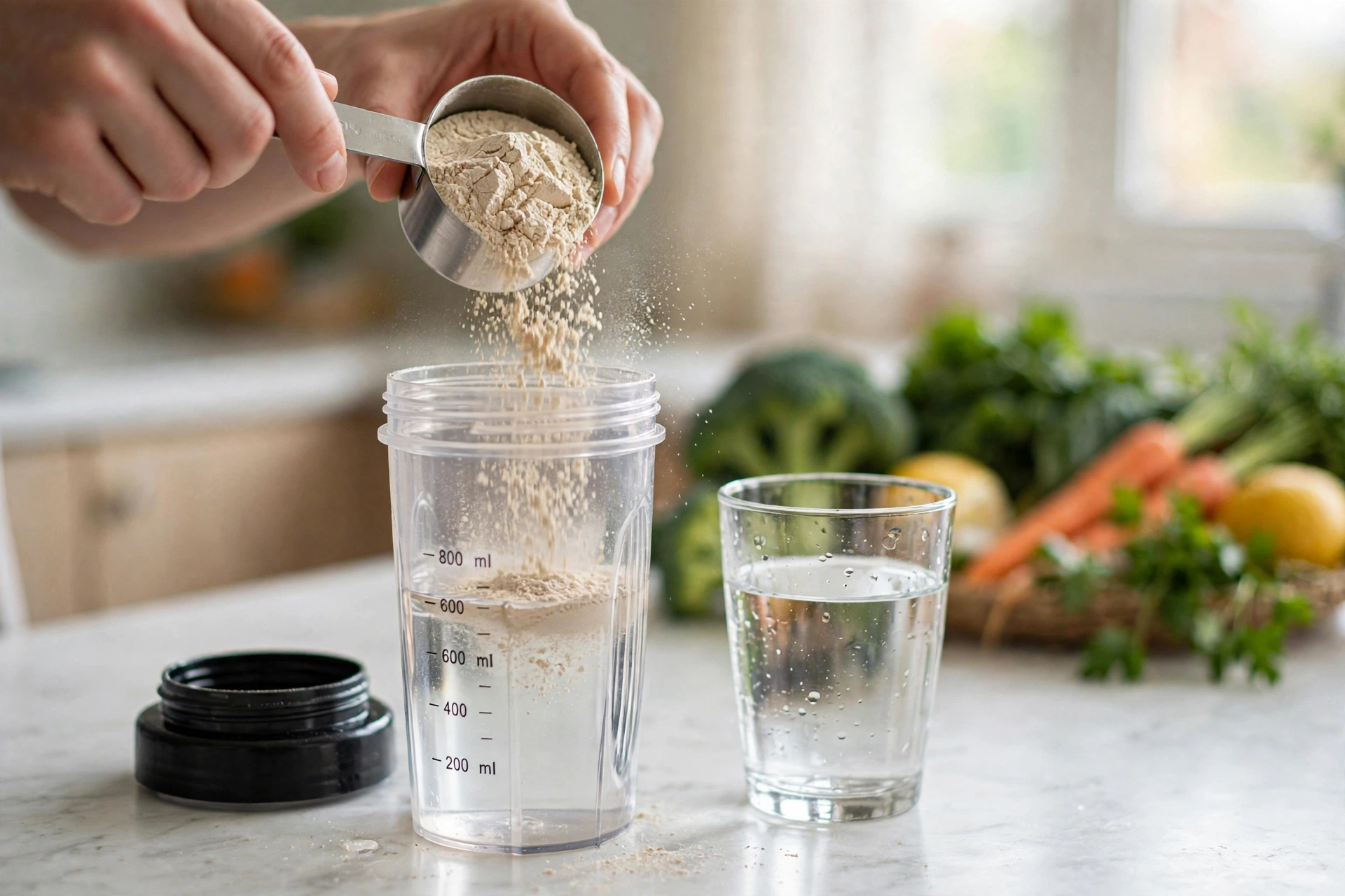 Pha nửa serving mass gainer với nhiều nước và uống đủ nước mỗi ngày giúp hạn chế nổi mụn khi dùng mass