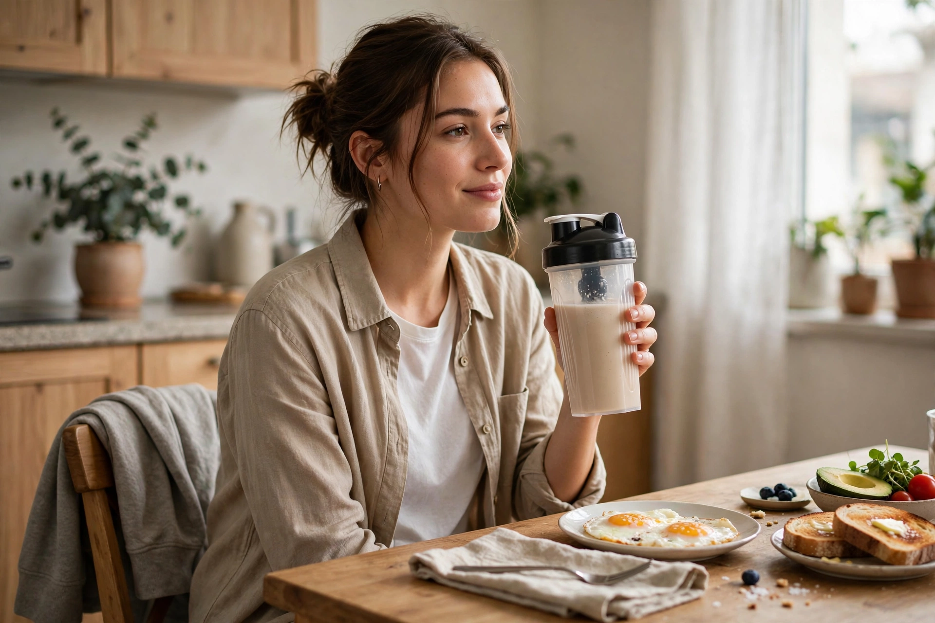 Người bận rộn uống whey vào bữa sáng để bổ sung đạm cho cơ thể
