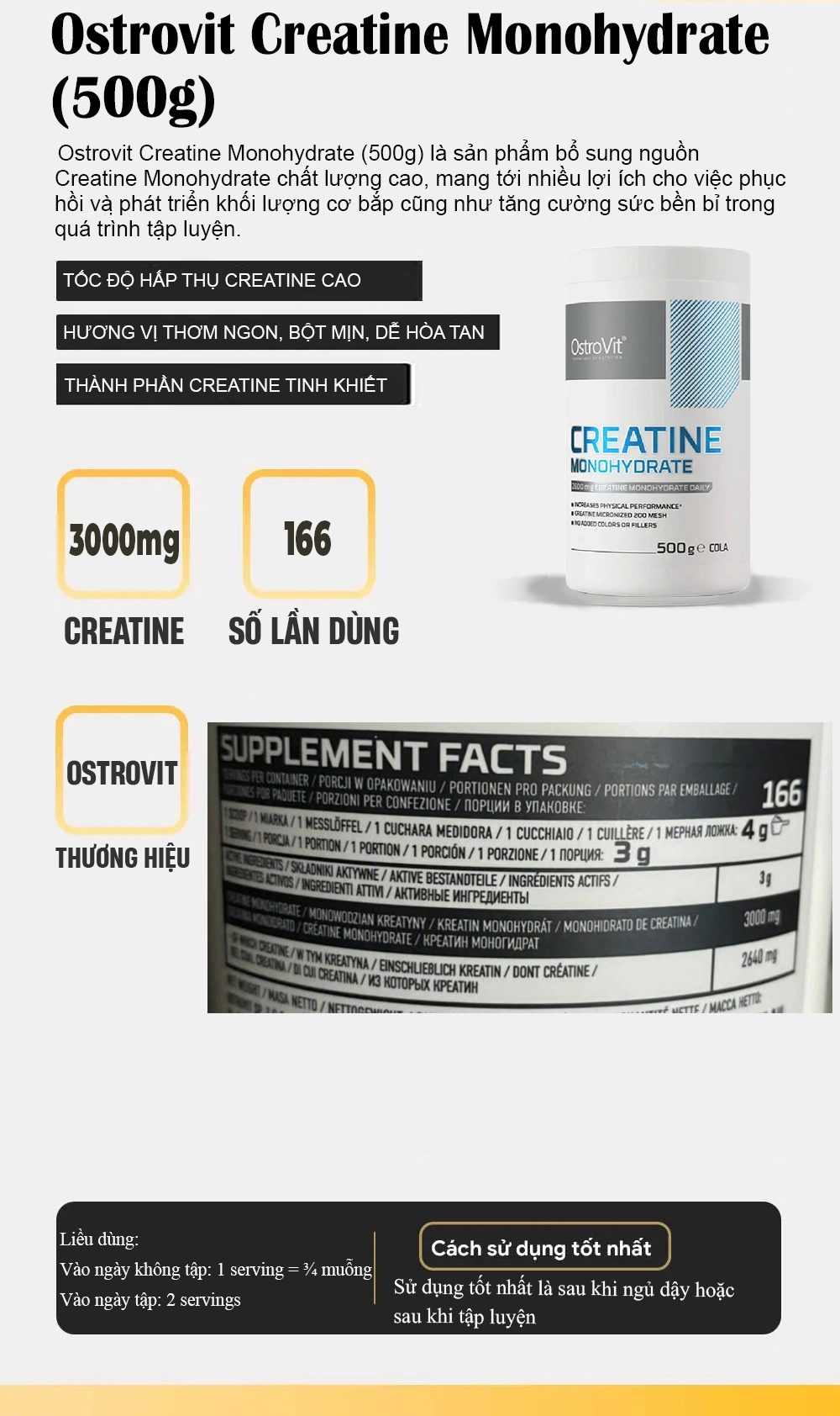 Hũ OstroVit Creatine Monohydrate 500g chính hãng tại whey.vn