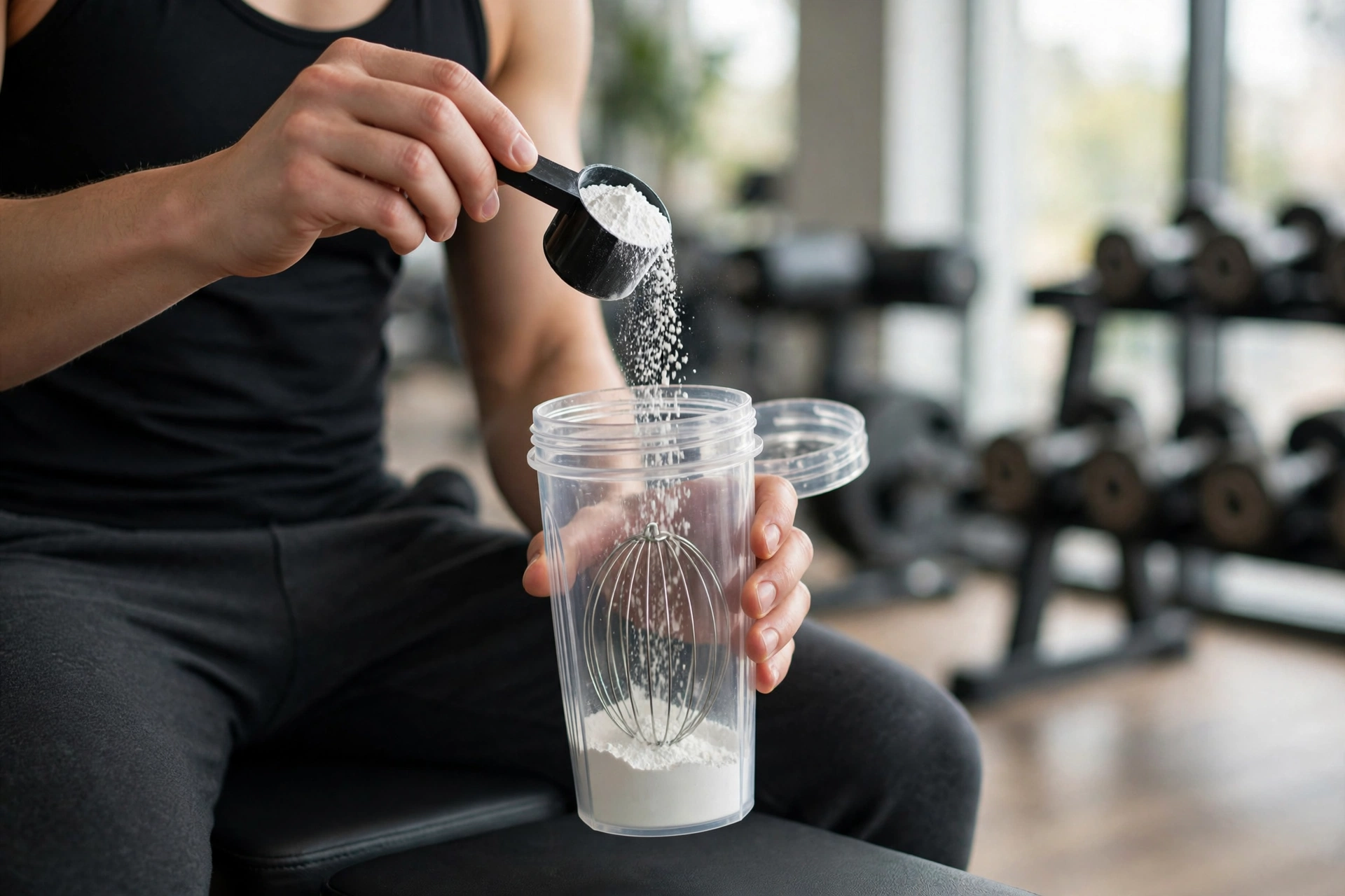Người tập gym pha bột creatine vào bình shaker trong phòng tập